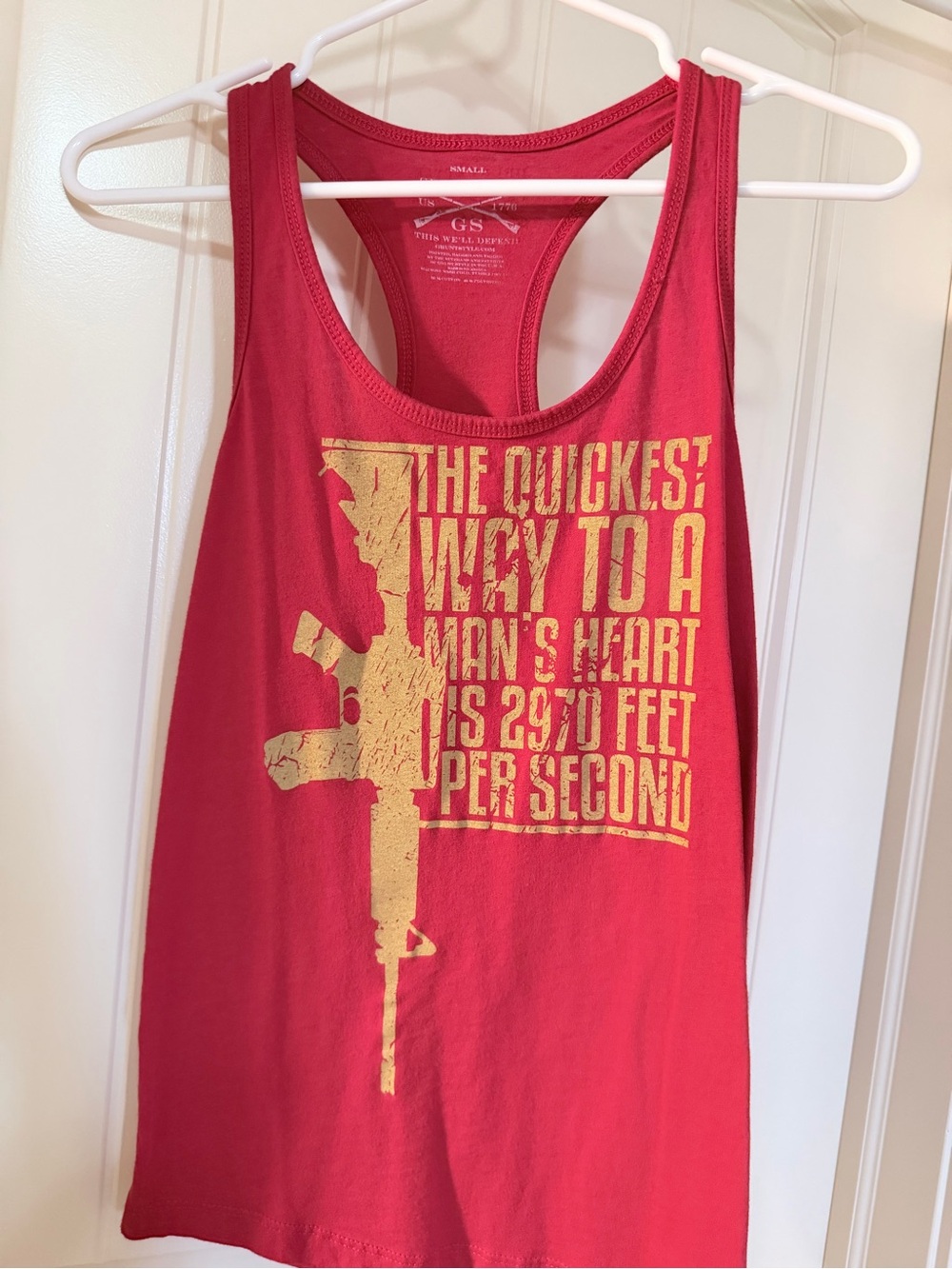 Grunt Style Red Racerback Tank with Gold Rifle Graphic